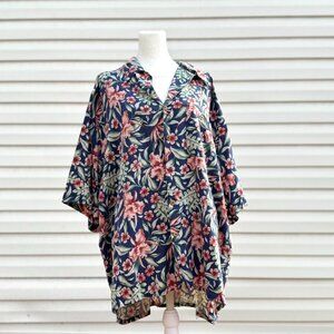 vintage BANANA CABANA Mens 2XL 100% Silk Navy Floral Short Sleeve Hawaiian Shir